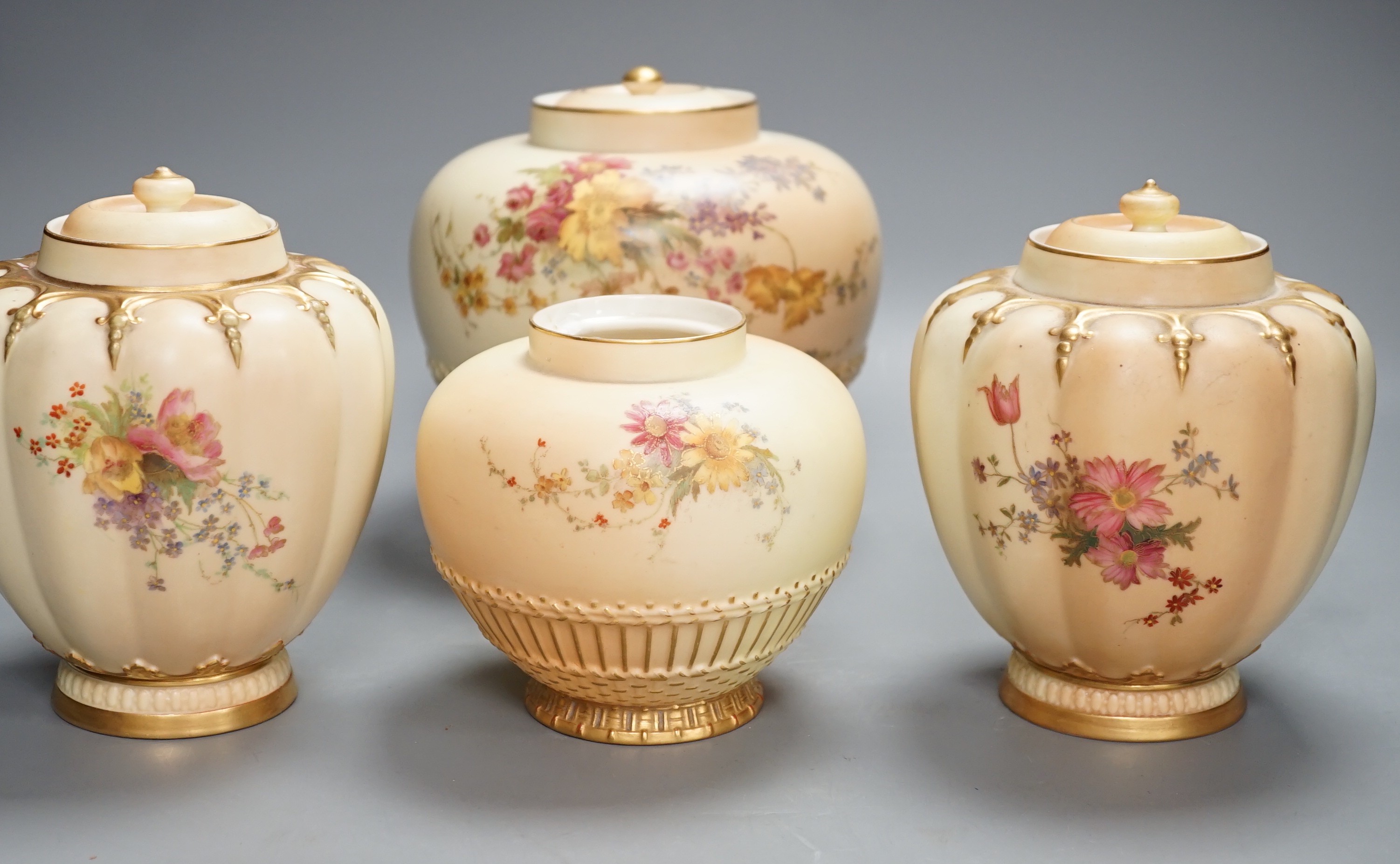 Four Worcester blush ivory potpourri jars, three with inner covers. Tallest 19cm.